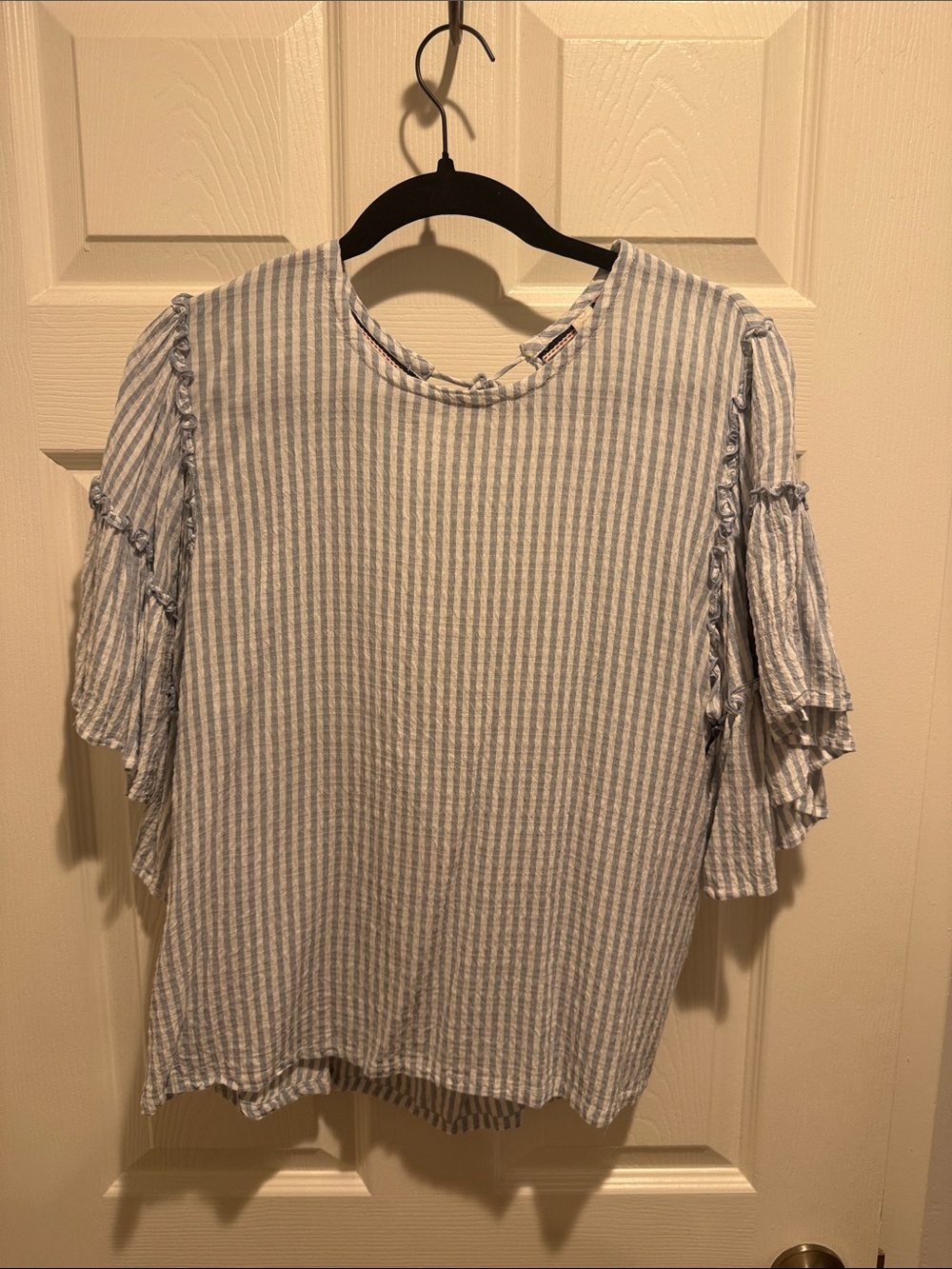 Anthropologie Pilcro Blue and White Striped Ruffle Sleeve Top